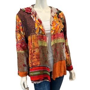 Chico’s Silk Blend Embroidered Patchwork Hooded Jacket